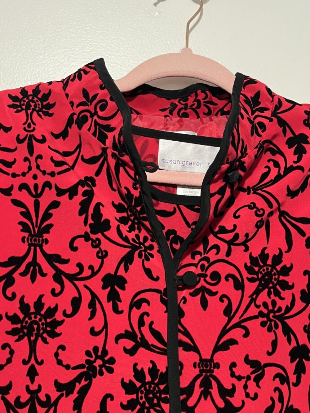 Susan Graver Womens Burnout Velvet Jacket Tank Set M Red Mandarin Collar NWT - Picture 3 of 8